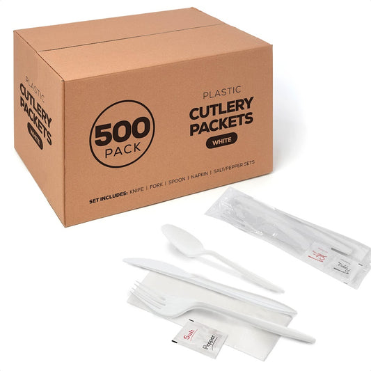 Cutlery Kit White Plastic 6 Pack (Knife, Spoon, Fork, Napkin, Salt, Pepper) - 500 / Case