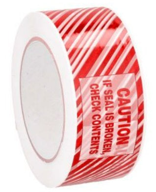 Tamper Evident Tape, 48mm x 100m, White w/ Red Stripes - 36 Rolls / Case