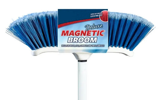 Large Indoor Magnetic Curved Broom 12" with Metal White Handle 48", Blue - 1 Each