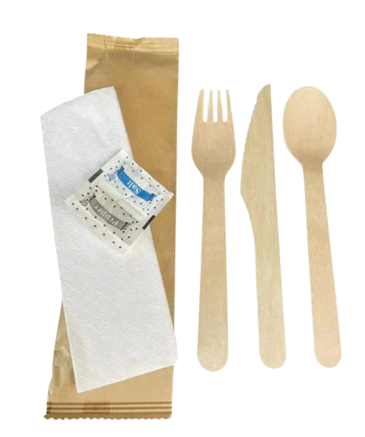 Wooden Cutlery Kit, 6 Pack (Knife, Spoon, Fork, Napkin, Salt, Pepper) - 500 / Case